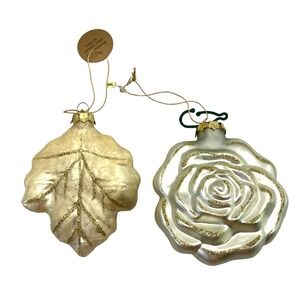 Vtg Pair of Cream Gold Glass Ornaments Taiwan & China Leaf and Rose 4 1/2 in